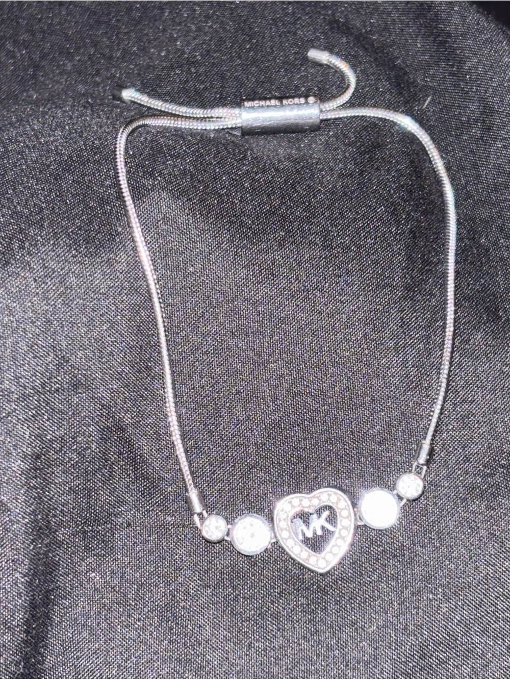 Michael Kors Silver Heart Necklace with MK Logo and Crystals
